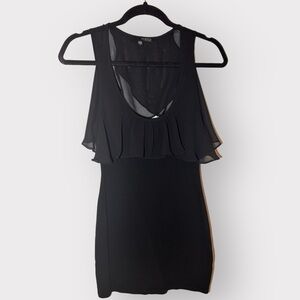 Black low back mini dress with chiffon ruffle neckline